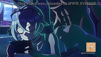 In this 2D animation, she rides cowgirl style