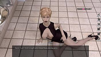 alex drills nora in all holes inside bathroom game scene