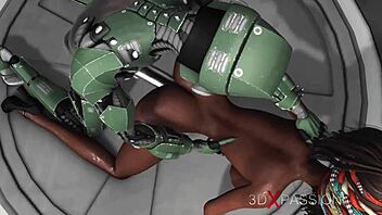 Sci-fi android toys with sexy ebony on exoplanet base
