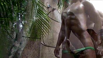 Gay pool party with hot Asian men in Speedos