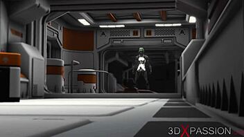 Sci-fi android toys with sexy ebony on exoplanet base