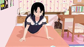 Asian schoolgirl in sailor uniform poses in her room