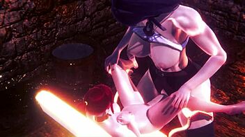 Futa on female action with Raiden Shogun and Pyra