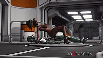 Sci-fi android toys with sexy ebony on exoplanet base