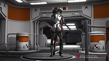 Sci-fi android toys with sexy ebony on exoplanet base