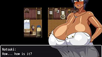 Tanned natsuki flashes huge tits in hentai game to help captain jerk off 😏