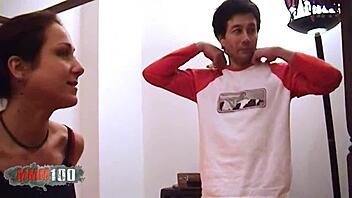 Young brunette gets hard fucked by two big cocks.