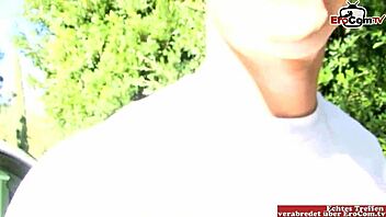 skinny blonde babe with small tits picks up a guy and gets a huge cumshot all over her boobs and face