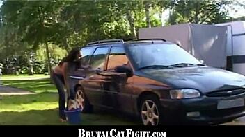 Intense catfight at the car wash with cum in mouth finish