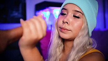 blonde babe giving footjob to boyfriend