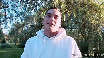 girl in park takes cash for quick outdoor bang