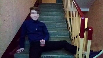 public jerking off on stairs after school, wow! 😜