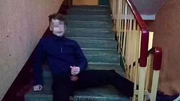 public jerking off on stairs after school, wow! 😜