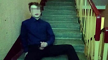 public jerking off on stairs after school, wow! 😜