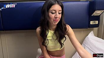Pretty young woman of 18 years old plays cards on the public train and loses her vagina