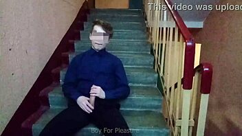 public jerking off on stairs after school, wow! 😜