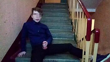 public jerking off on stairs after school, wow! 😜