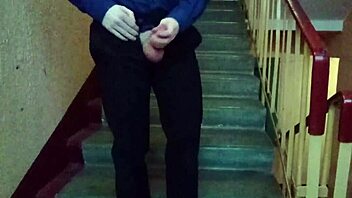 public jerking off on stairs after school, wow! 😜