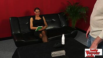 femdom babe watches loser jerk his hard cock