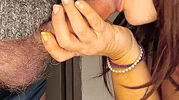 Does the redhead take monster cock in mouth passionately?