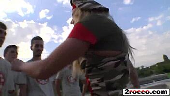 Two slutty whores banged by army garrison