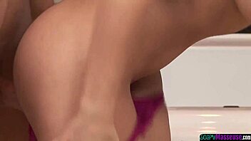 Big-titted soapy masseuse doggystyled in bath