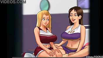 Horny housewives in cheerleader uniforms tempt pervert neighbor