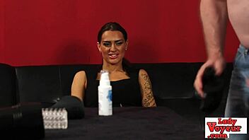 femdom babe watches loser jerk his hard cock