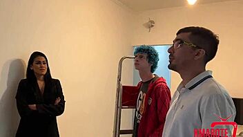 Hot client took us to room, showed internet defect, got naked for blowjob