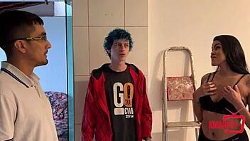 Hot client took us to room, showed internet defect, got naked for blowjob