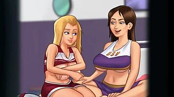 Horny housewives in cheerleader uniforms tempt pervert neighbor