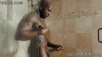I, max konnor, muscular black gay hunk, masturbate my huge fat dick while bathing interracial solo