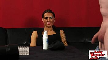 femdom babe watches loser jerk his hard cock