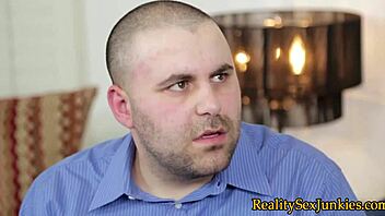 Brunette pornstar sucks old man's monster cock and takes cumshot