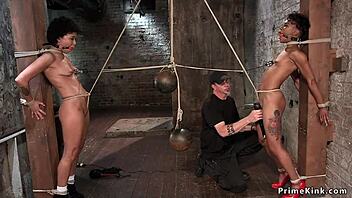 Two Small 18+ Tits Ebonies Riding Sybians in Rough BDSM Bondage