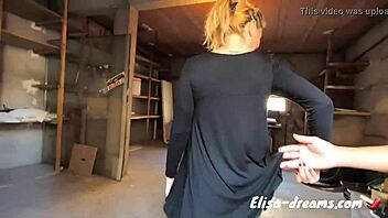 A woman is mischievous with a new partner in the garage