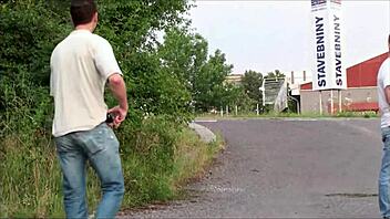 Daring public street threesome with petite teen and two guys 😏