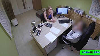 I can't believe this cute young brunette babe is solving her debt by having sex with her tight pussy