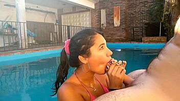 Real life couple enjoys some pool time and gives blow jobs