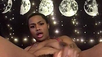 Lolabug in Tiny Pink Bikini Creams on Dildo During Solo Masturbation Session. Watch Her Hairy Ebony Pussy!