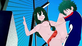 tsuyu and kyoka fuck izuku in hentai