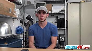 Cute stud's asshole destroyed by horny director's big black cock in office blowjob and rimjob!