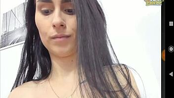 Big tits slim girl sucks her own tits on webcam chat