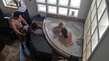Spa bath turns into reverse gangbang with three hot girls on one lucky guy