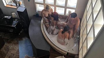 Spa bath turns into reverse gangbang with three hot girls on one lucky guy