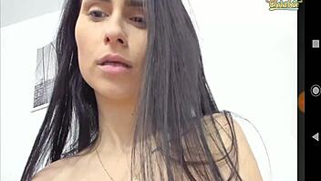 Big tits slim girl sucks her own tits on webcam chat