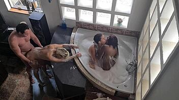 Spa bath turns into reverse gangbang with three hot girls on one lucky guy