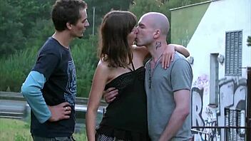 Tall beauty in public street threesome action