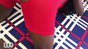 Ebony Amateur Sucks Monster Bbc in Red Shorts