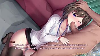 In this hentai game, Luna gives a wet blowjob and squirts during night 1
